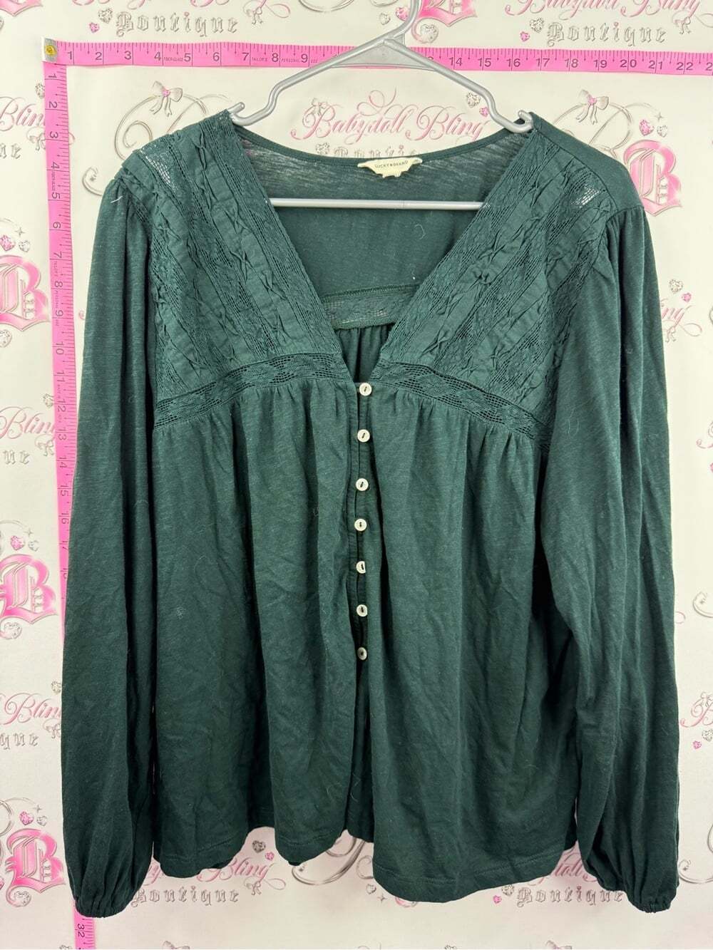 Lucky Brand blouse lace Dark Teal Lace Yoke Button-Front Blouse